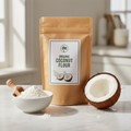 Kraft paper bag of coconut flour with coconut