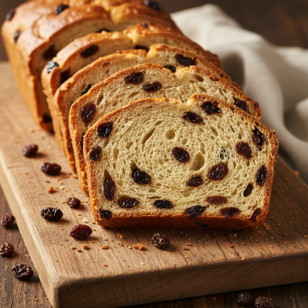 Raisin bread sliced showing plump raisins inside