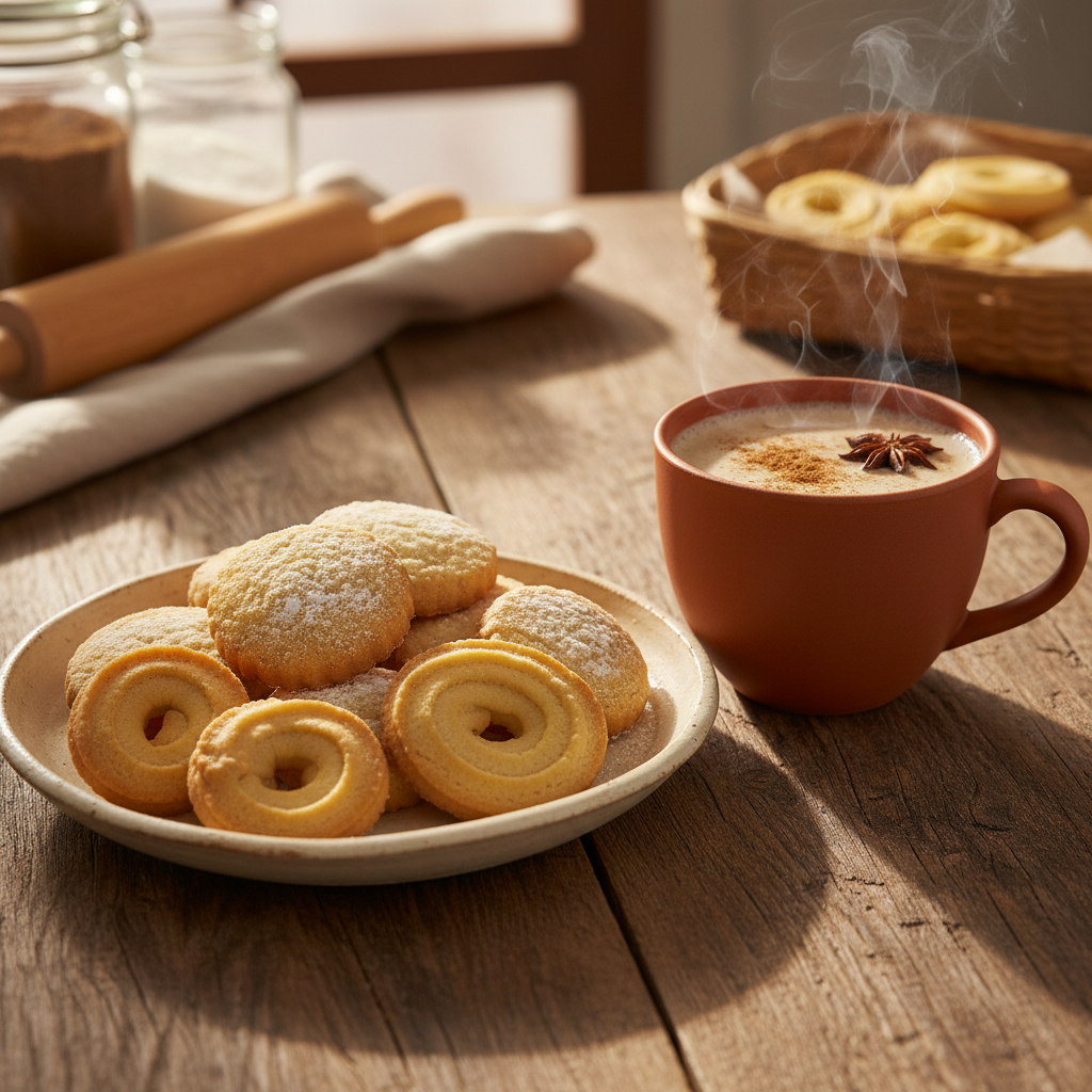 Butter cookies on a plate with chai tea