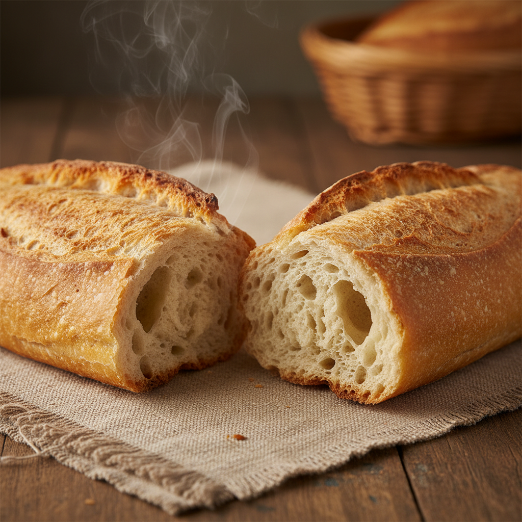French baguette broken open showing airy interior