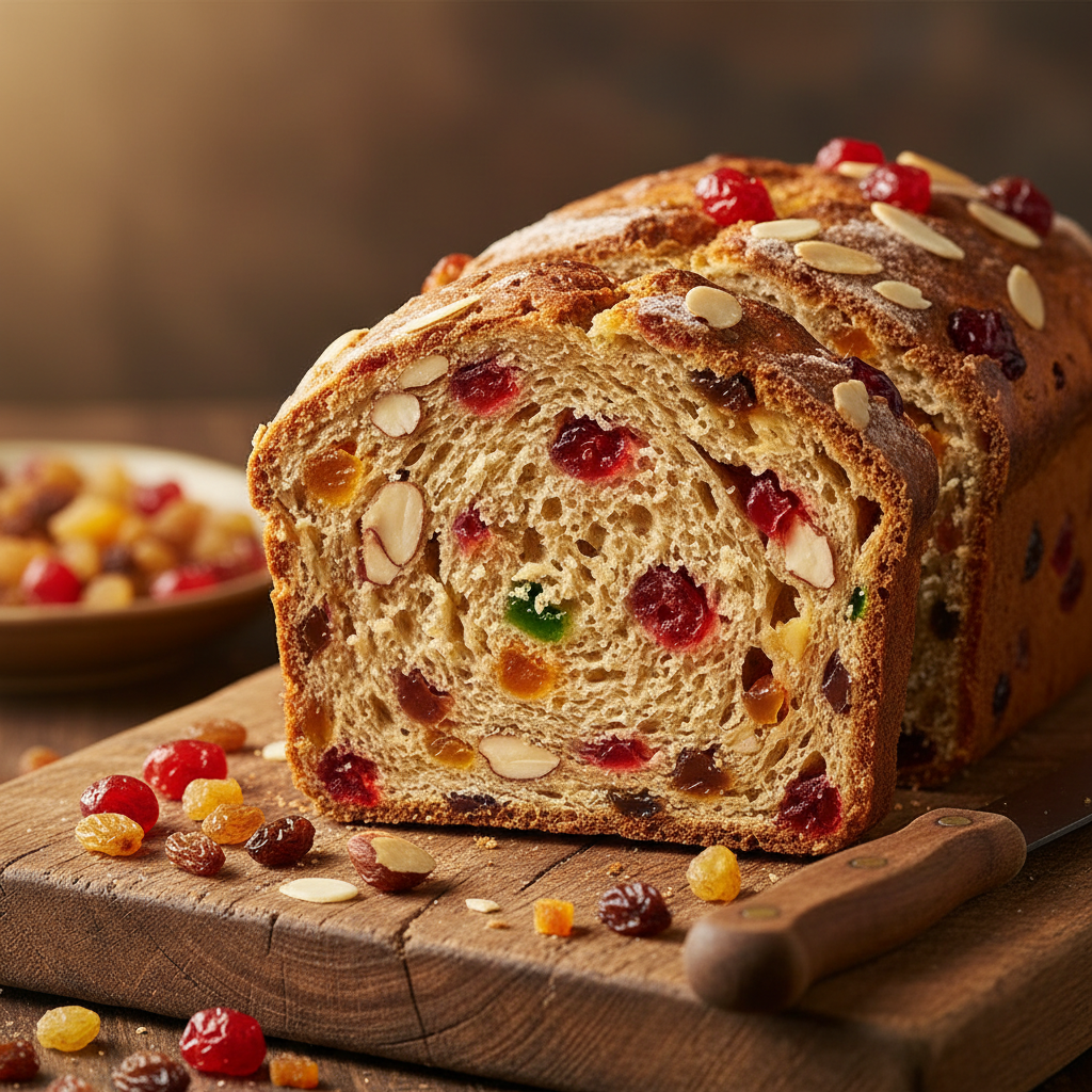 Fruit bread sliced showing colorful dried fruits inside