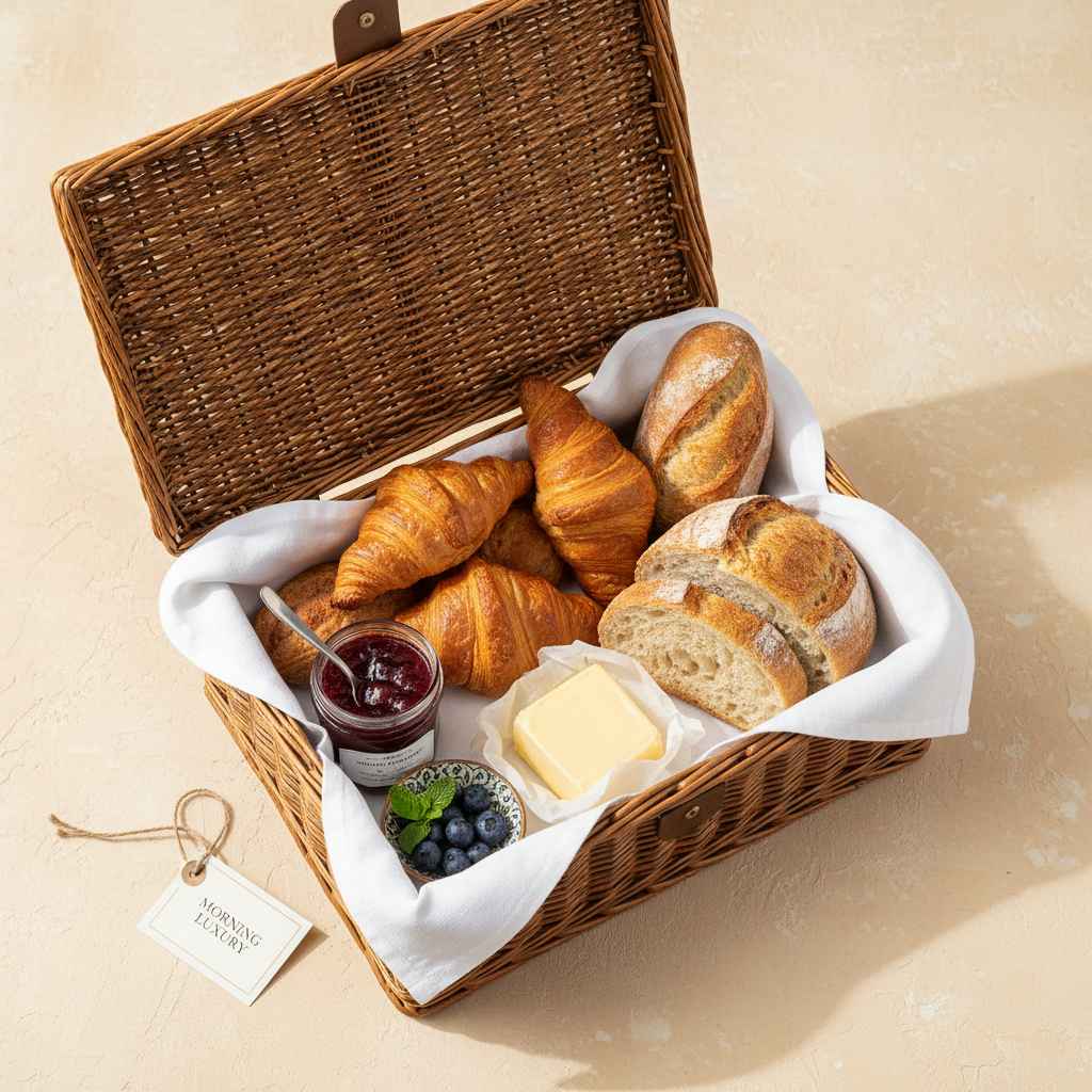 Breakfast hamper gift box open with croissants and jam