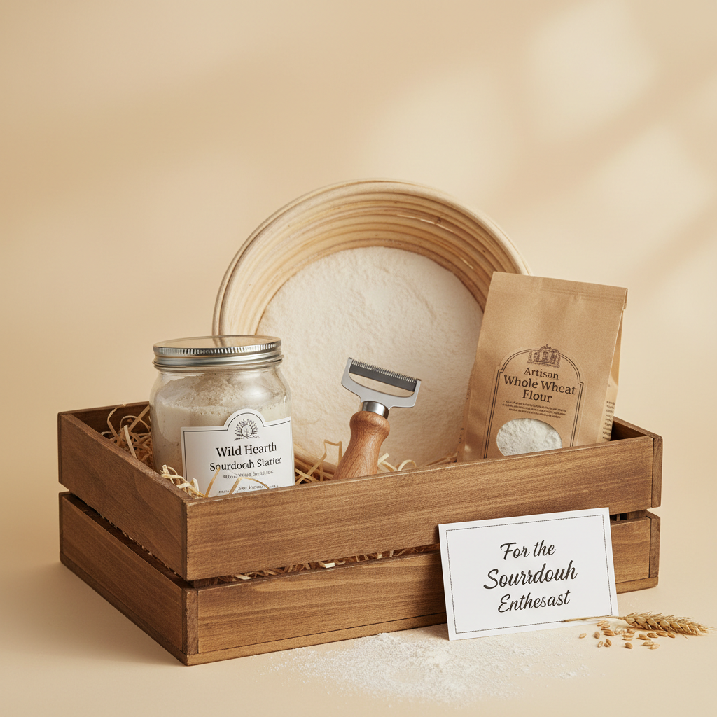 Sourdough lover's kit in wooden crate with starter and tools