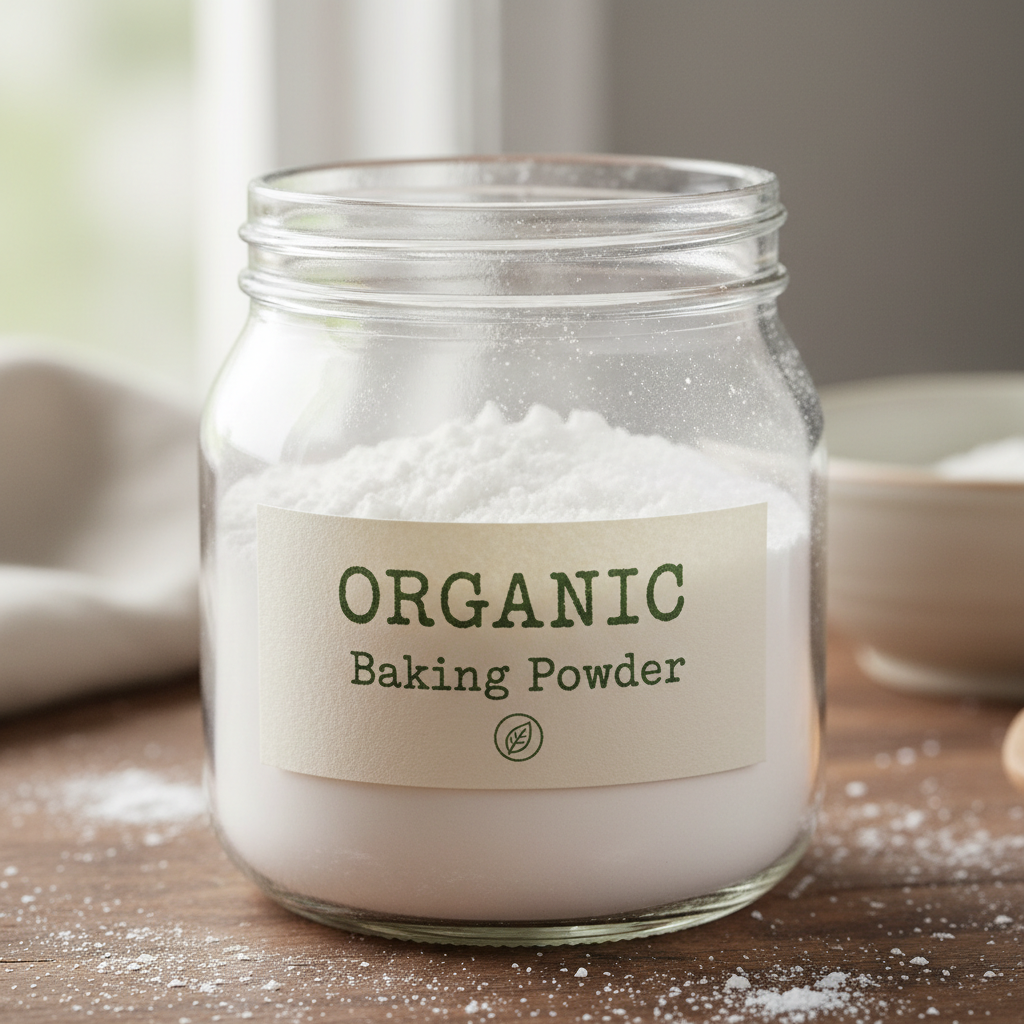 Close-up of baking powder in glass jar