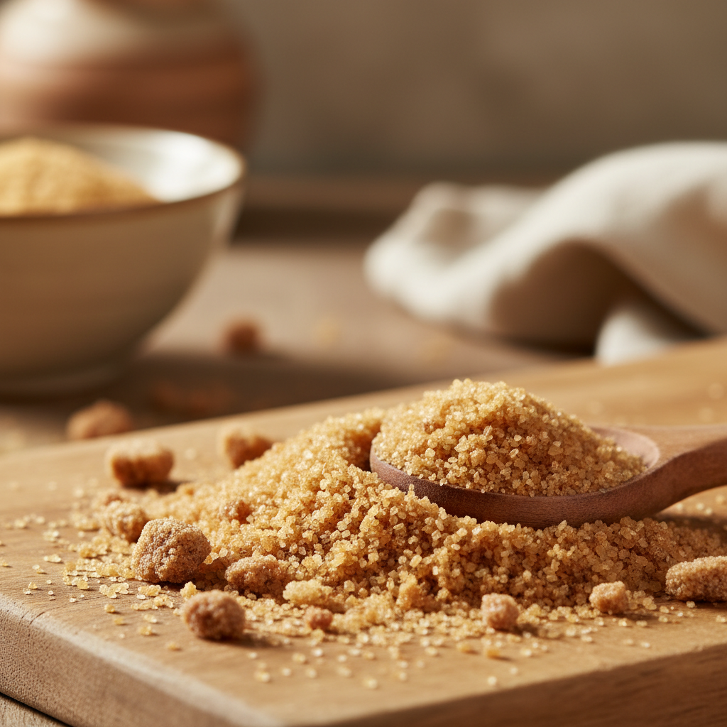 Close-up of coconut sugar golden brown granules