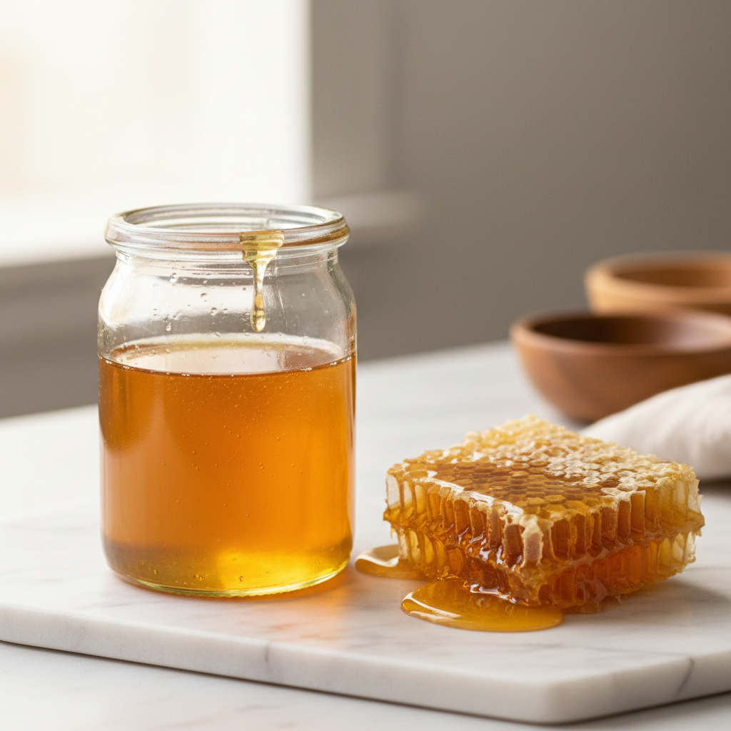 Glass jar of raw honey with honeycomb on white marble