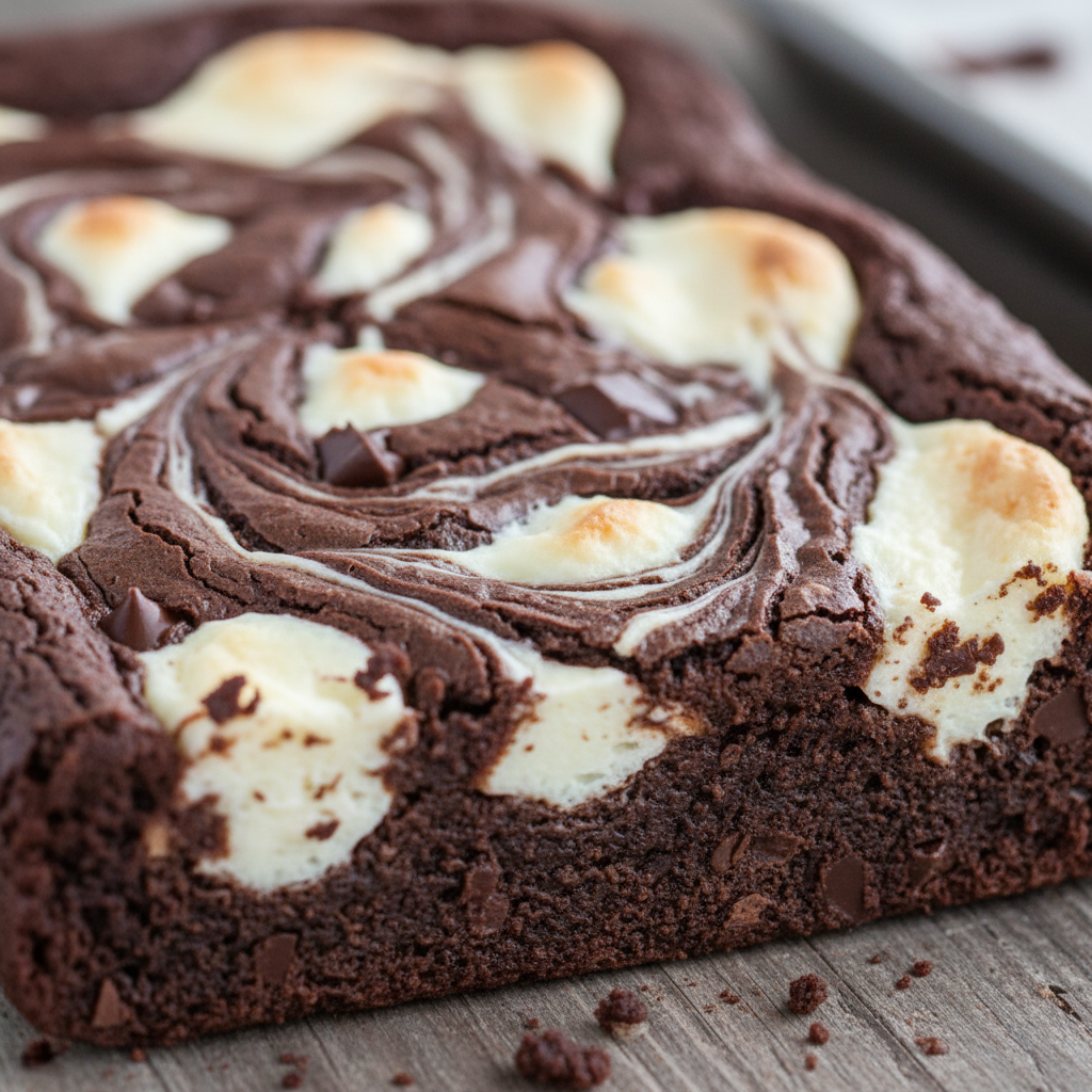 Close-up of cream cheese brownie showing chocolate and cream cheese swirl
