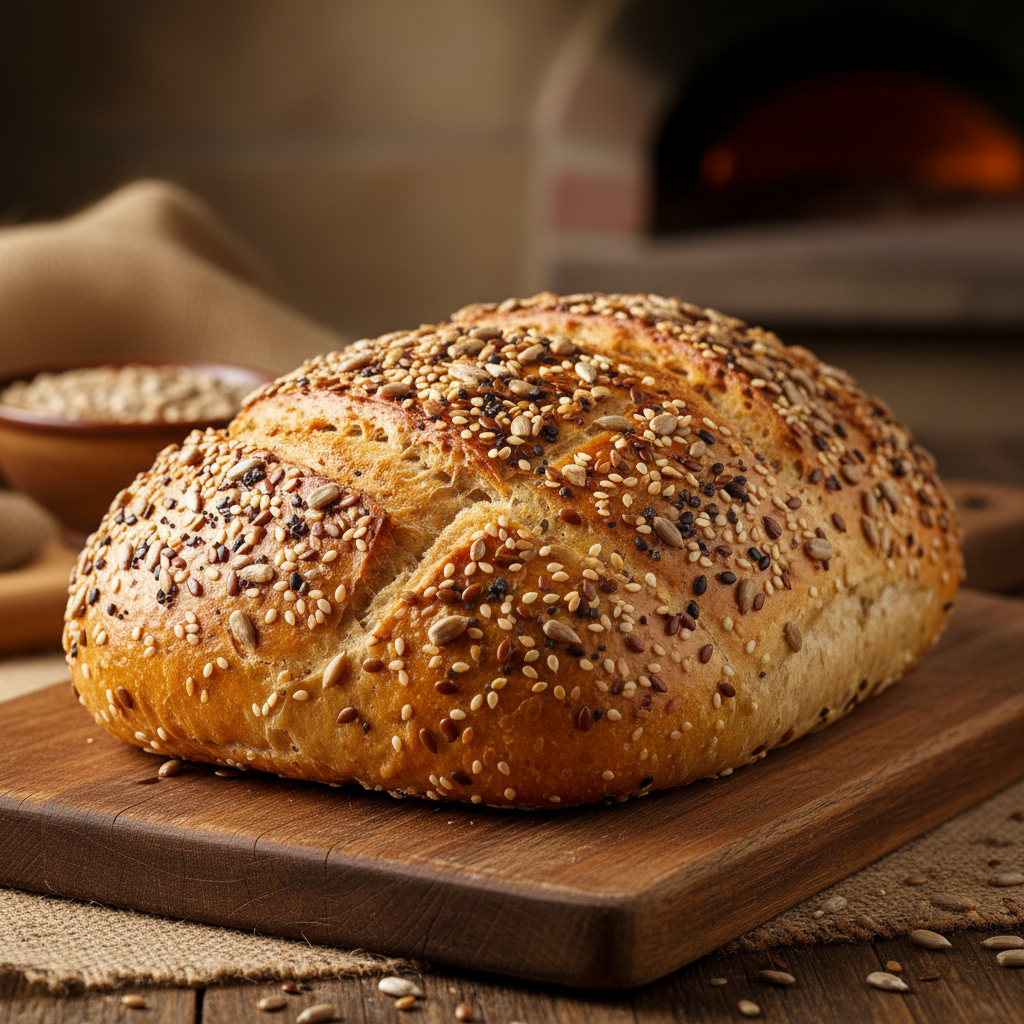 Freshly baked seeded bread loaf with mixed seeds on top