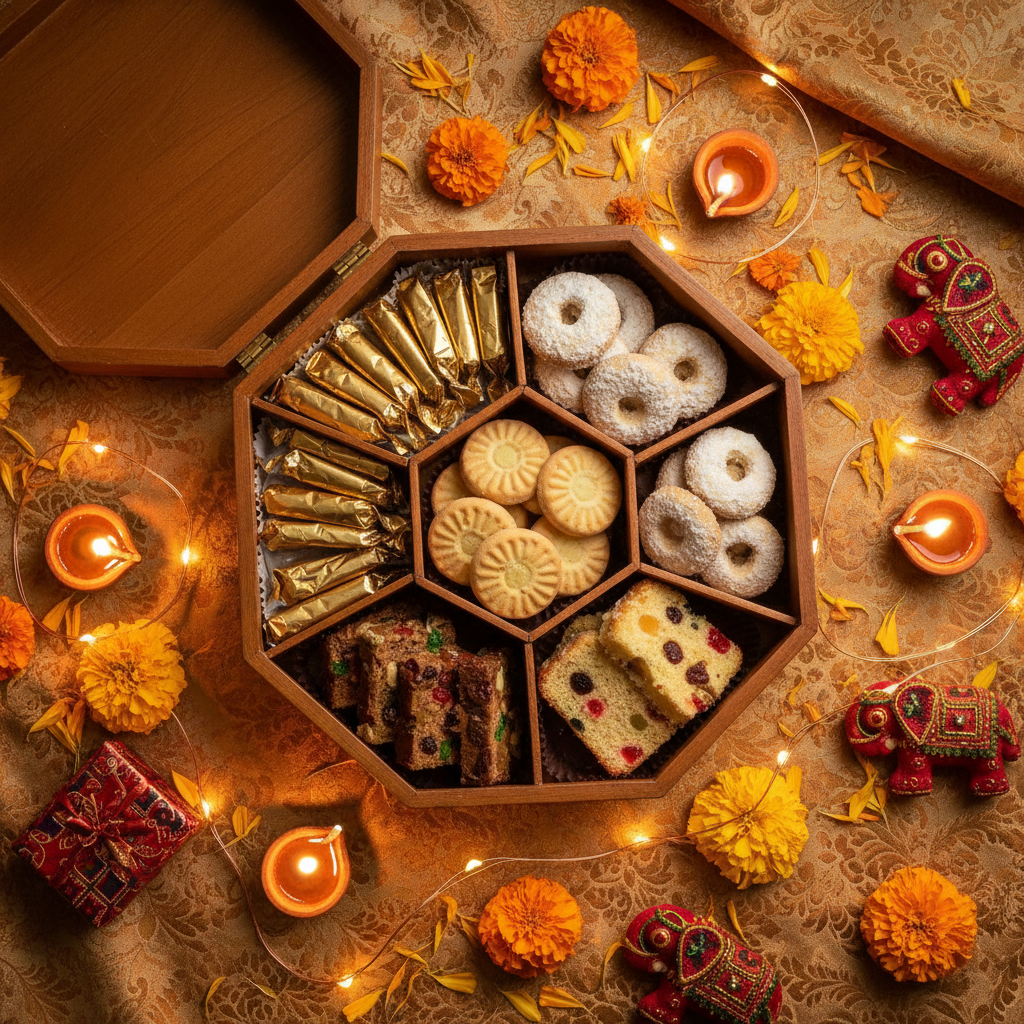 Festive sweet box flatlay with Indian celebration decor