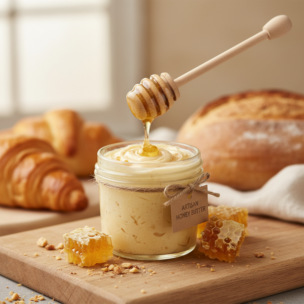 Honey butter spread in glass jar with honey dipper