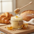 Honey butter spread in glass jar with honey dipper