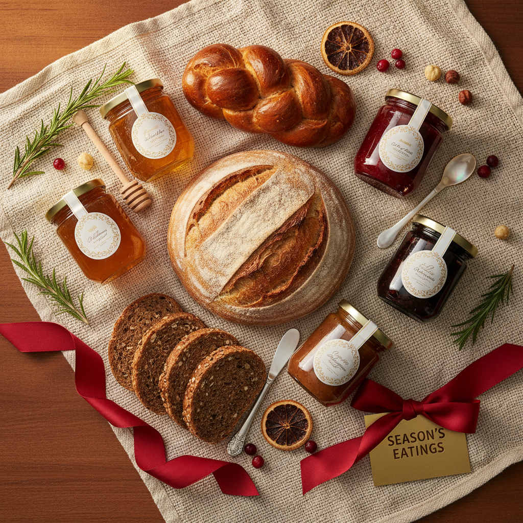 Festive bread and spreads hamper flat lay