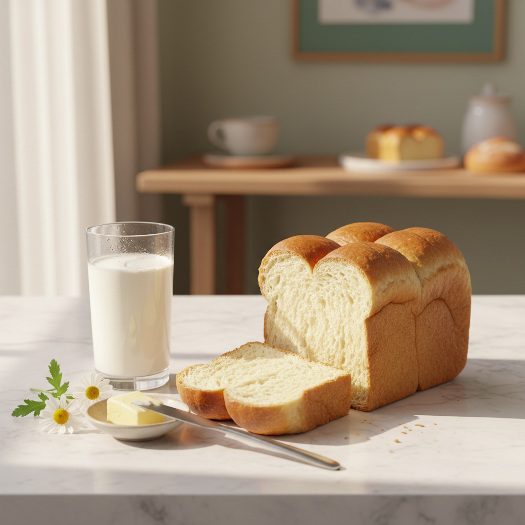 Milk bread lifestyle shot with glass of milk