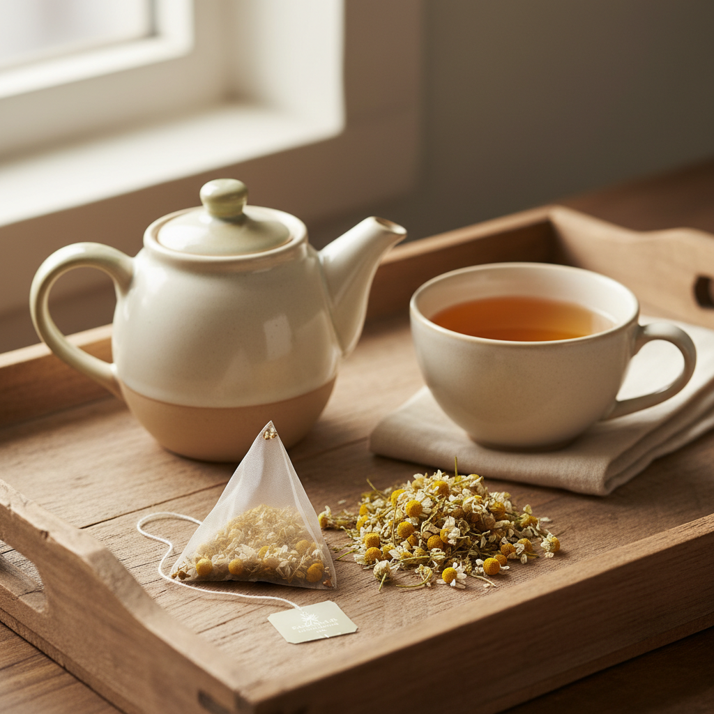 Chamomile tea tray setup