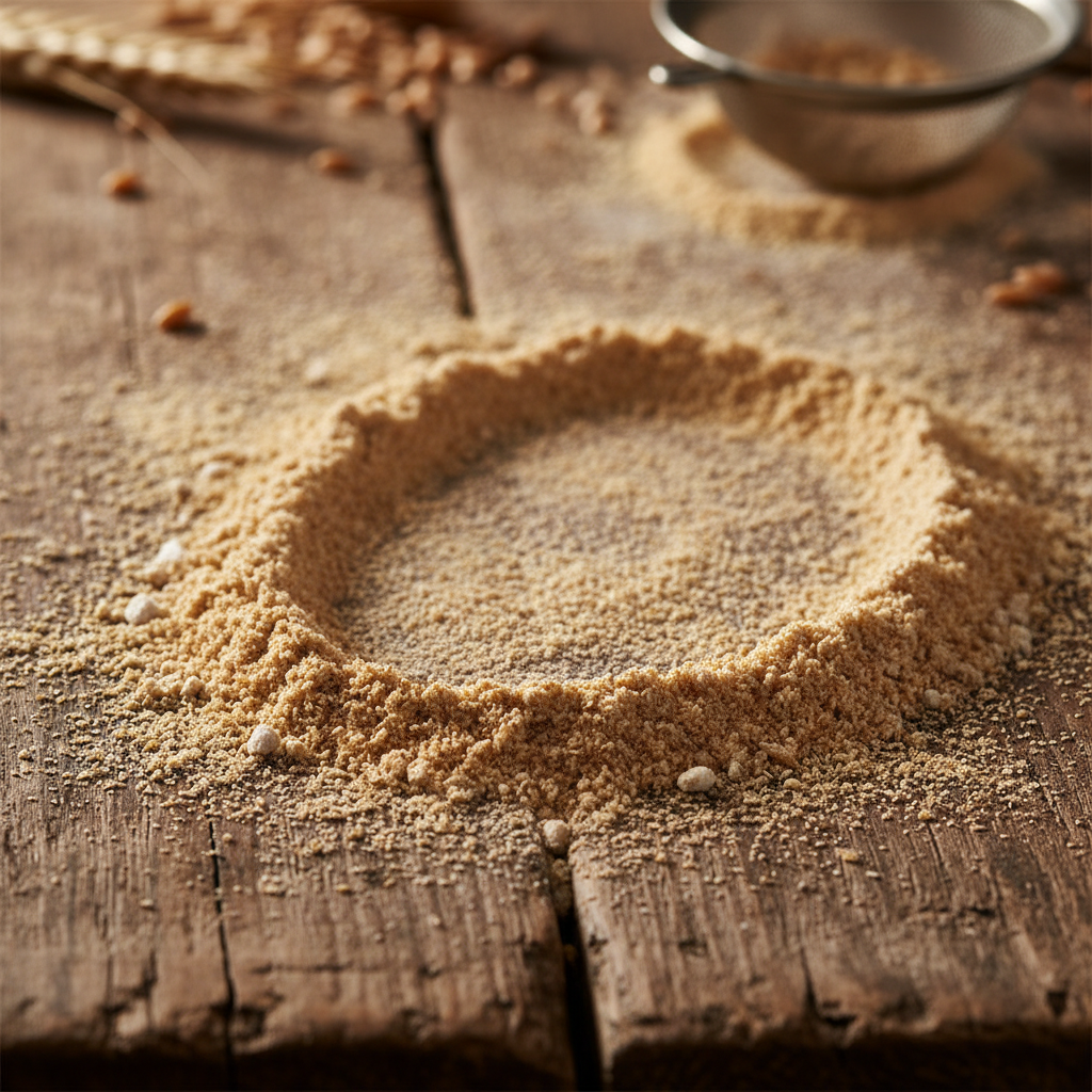 Whole wheat flour texture on wooden surface
