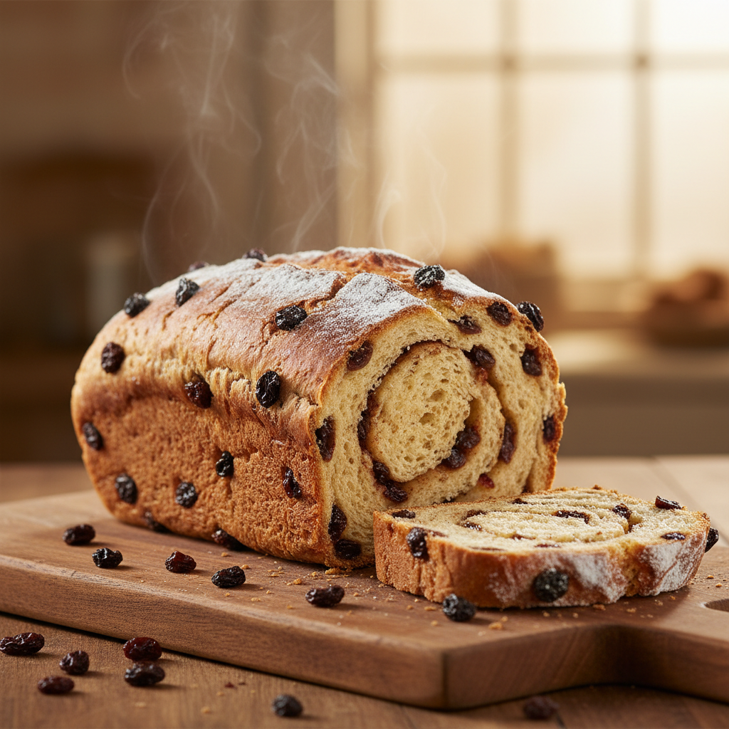 Freshly baked raisin bread loaf