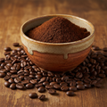 Specialty single origin house coffee powder in a rustic ceramic bowl