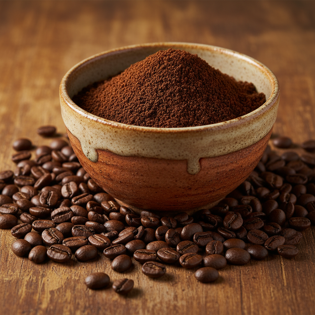Specialty single origin house coffee powder in a rustic ceramic bowl