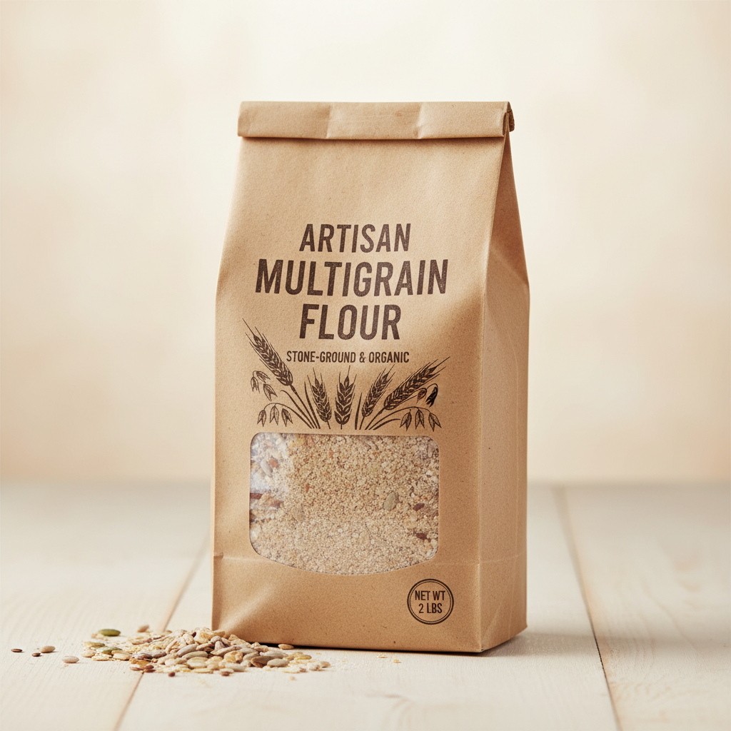 Multigrain flour in kraft paper bag