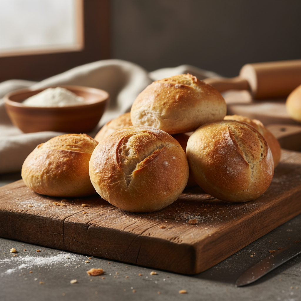 Freshly baked golden bread rolls on wooden board