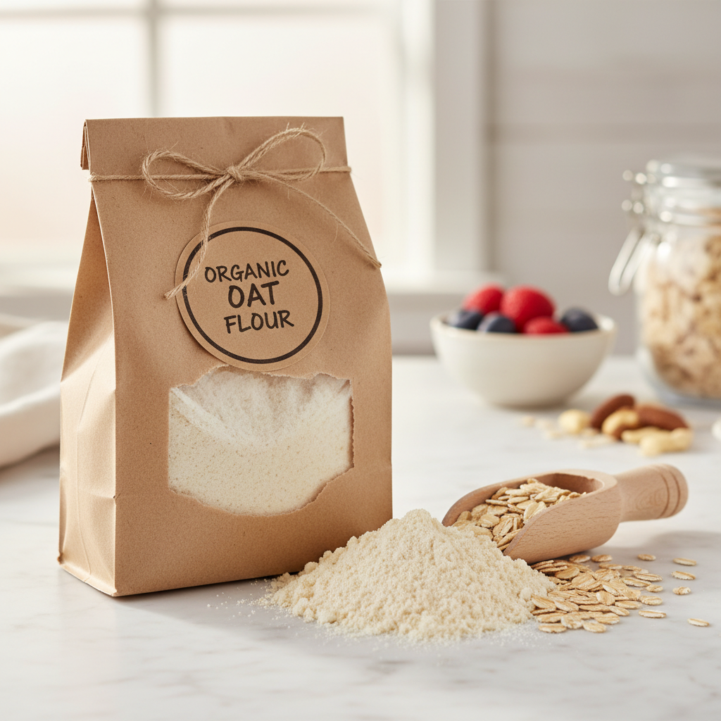 Kraft paper bag of oat flour with rolled oats
