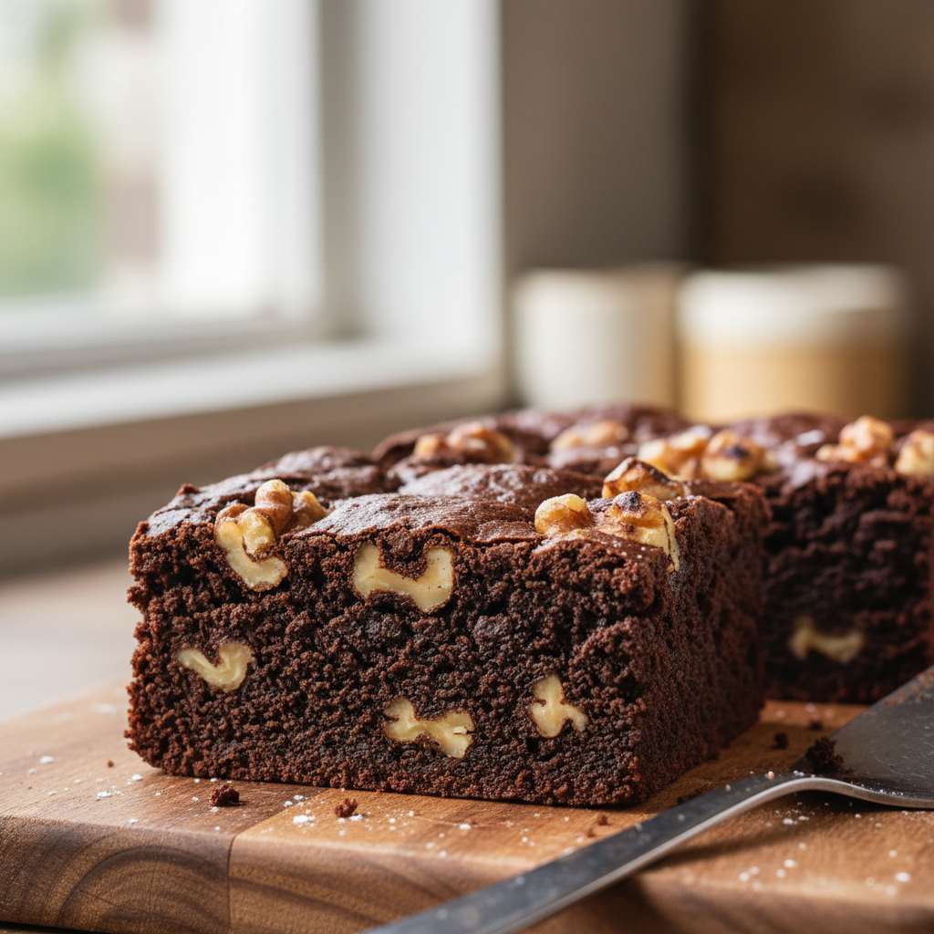 Close-up of walnut brownie showing fudgy interior with walnuts