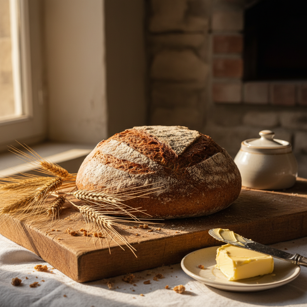 Brown bread lifestyle shot with butter and wheat