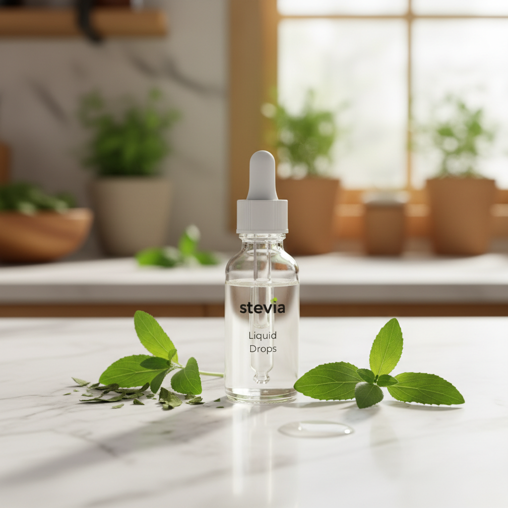 Glass dropper bottle of stevia drops with stevia leaves