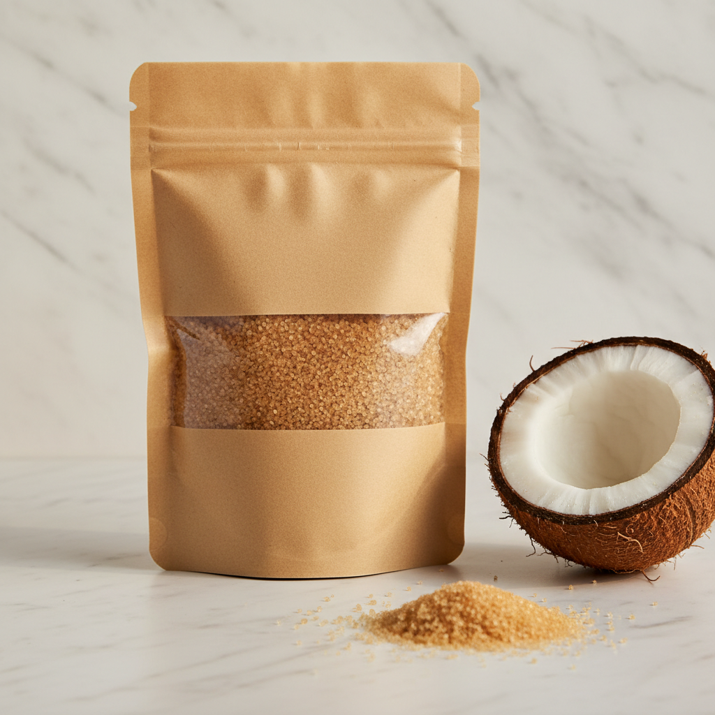 Kraft paper bag of coconut sugar with coconut