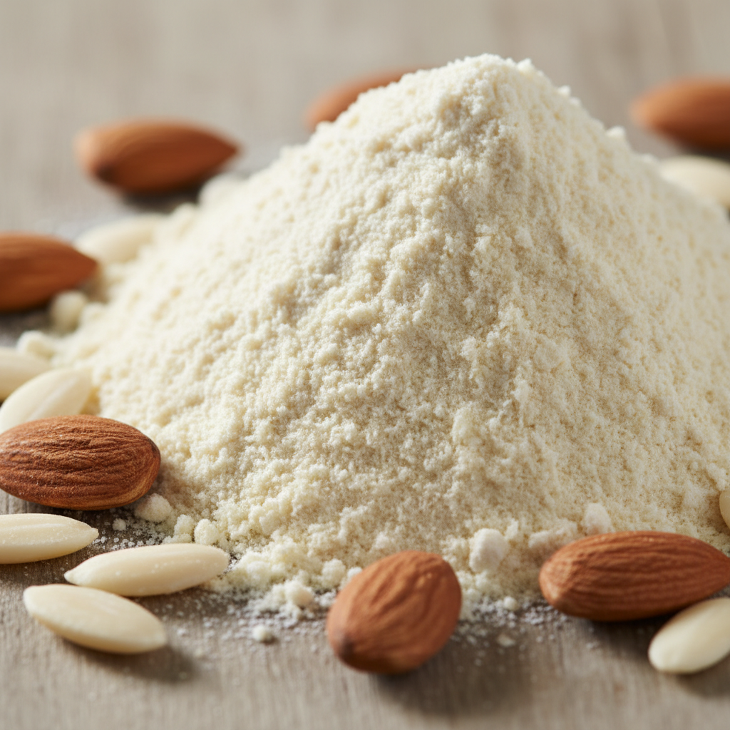 Close-up of almond flour texture with sliced almonds