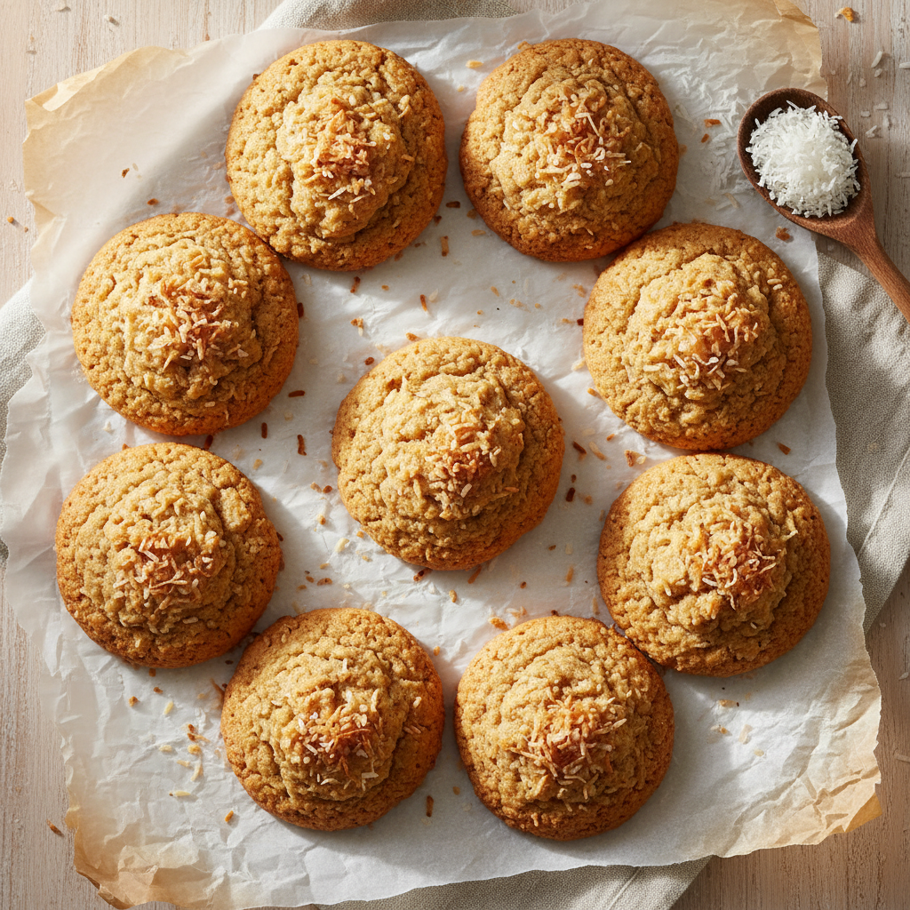 Coconut cookies flat lay on parchment paper