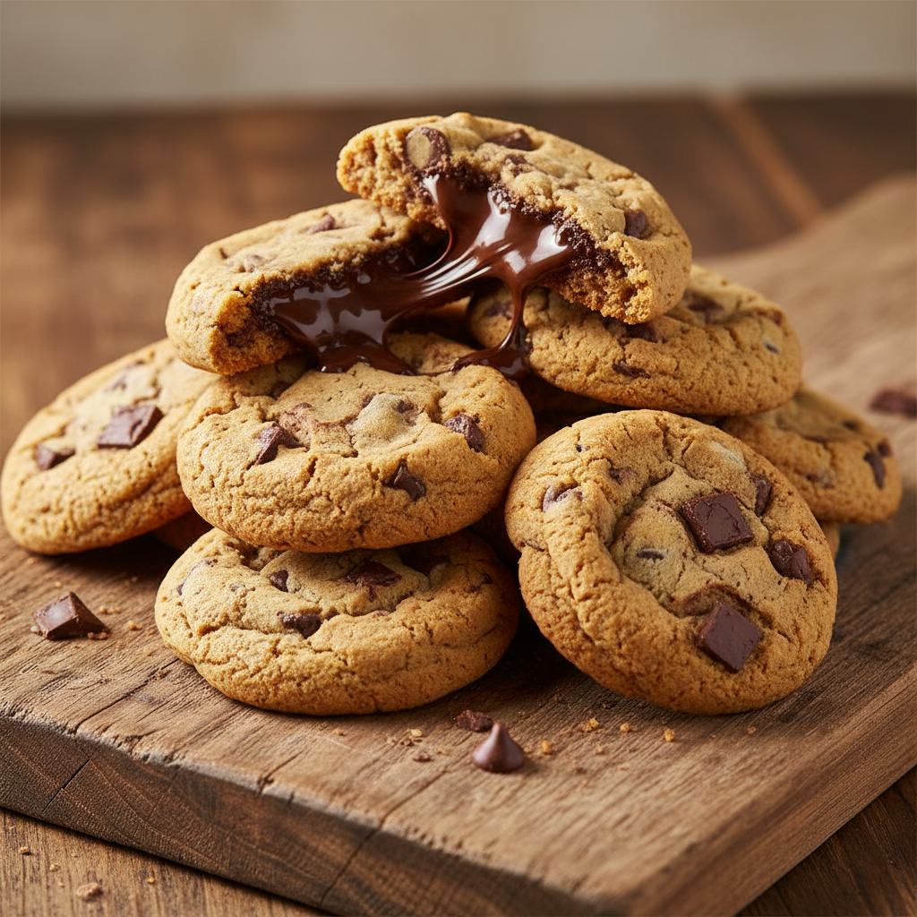 Stack of chocolate chip cookies broken to show gooey chocolate