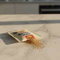 Instant yeast packet on marble surface