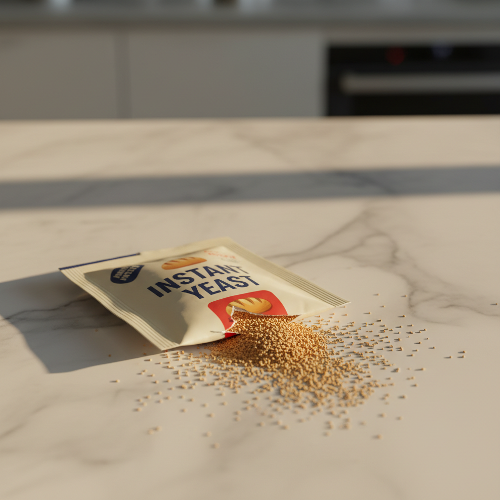 Instant yeast packet on marble surface