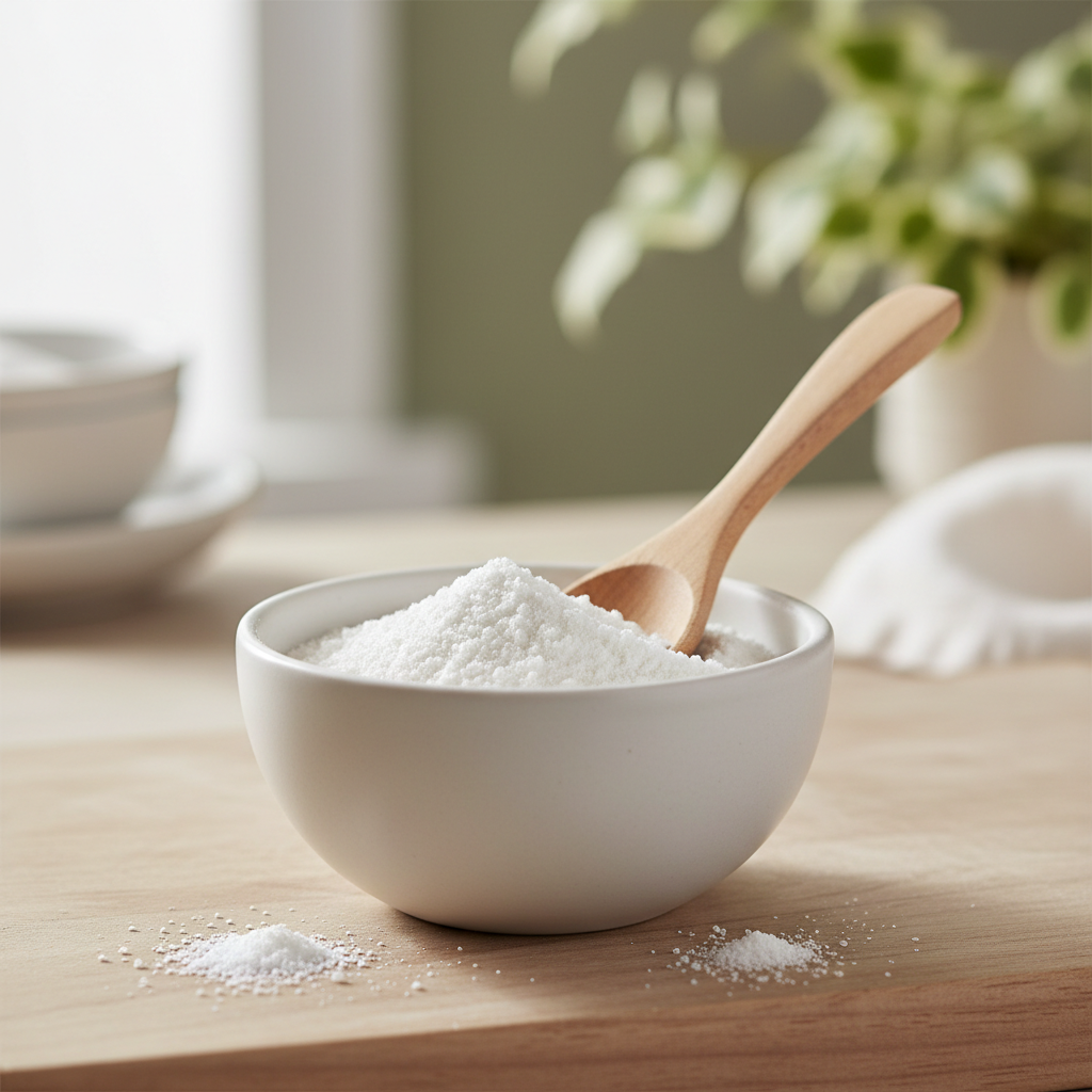 Baking powder in white bowl with wooden spoon