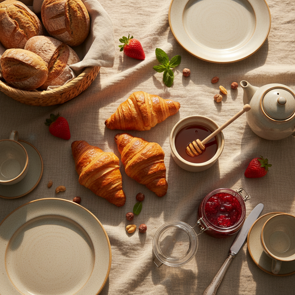 Artisan breakfast spread flat lay on linen cloth