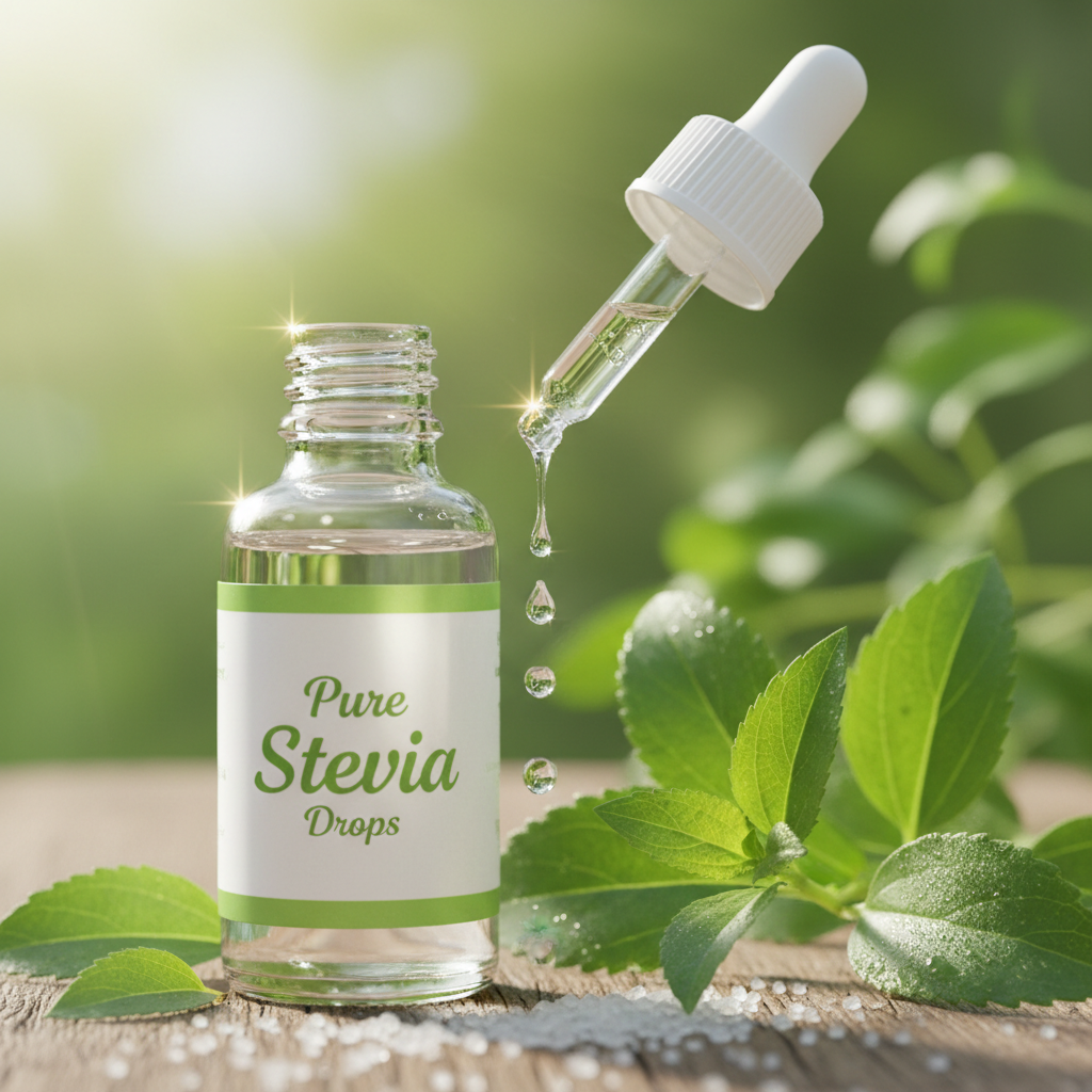 Close-up of stevia drops falling from dropper