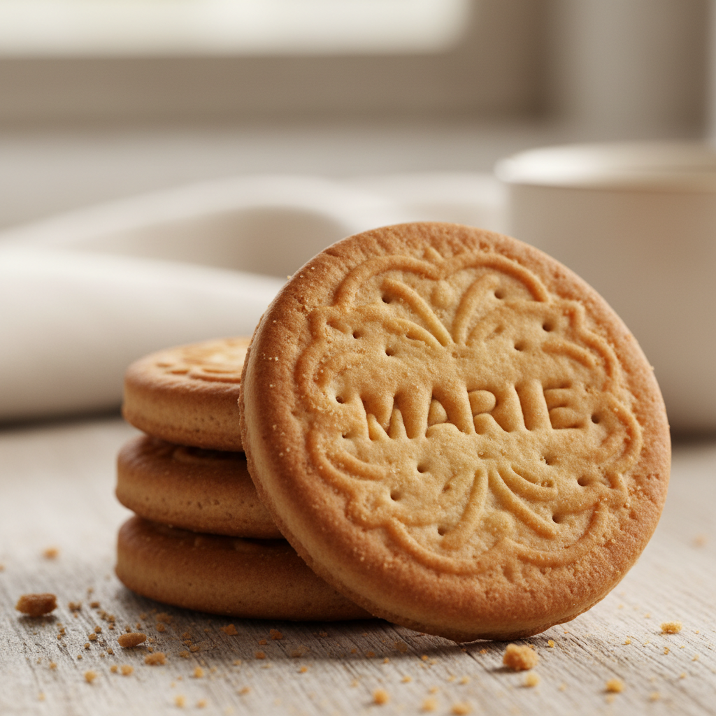 Close-up of Marie biscuits showing embossed pattern
