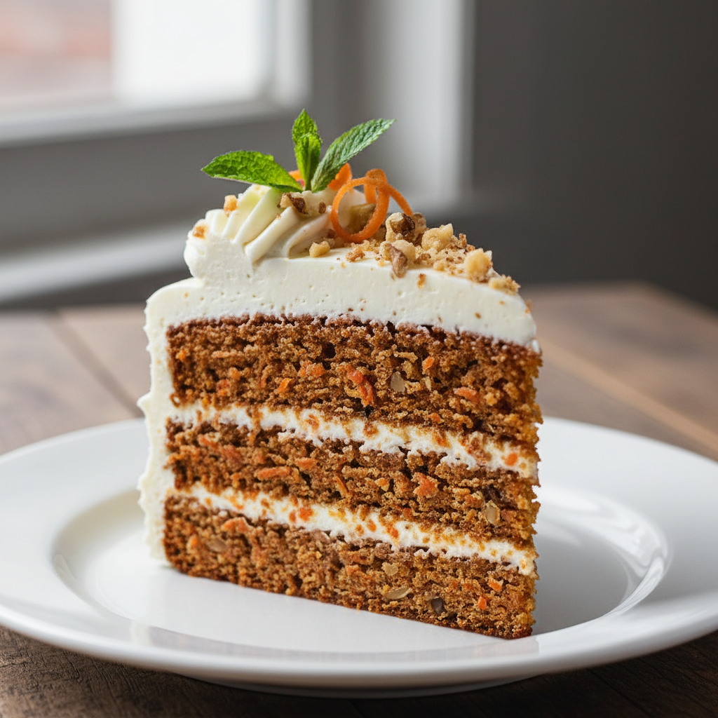 Slice of carrot cake showing moist sponge and cream cheese layers