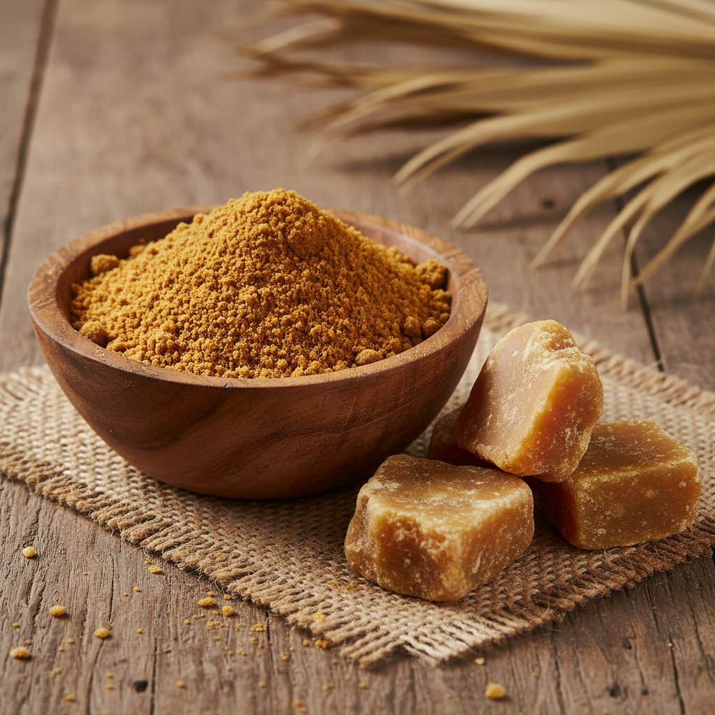 Organic jaggery powder in wooden bowl with jaggery blocks