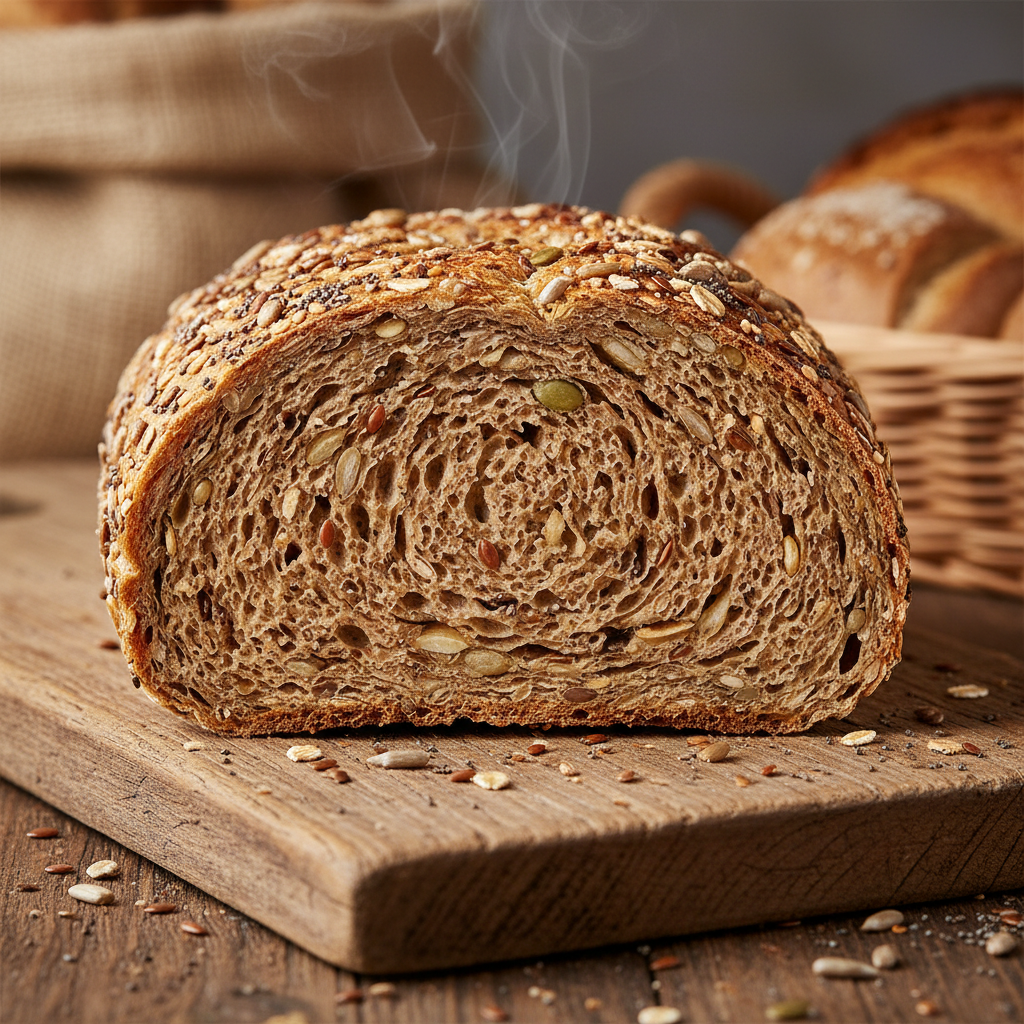 Multigrain bread sliced showing seeded interior