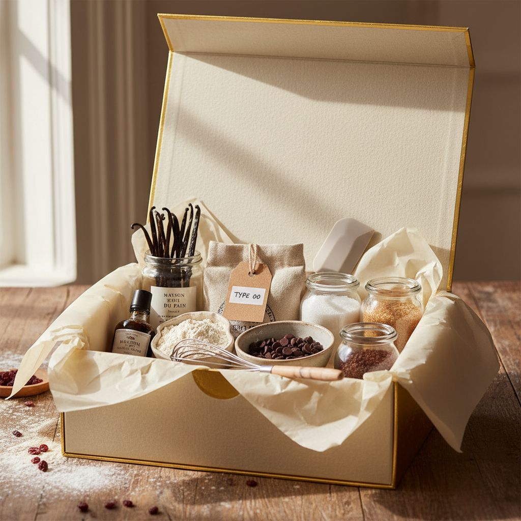 Premium baking gift hamper open box with ingredients