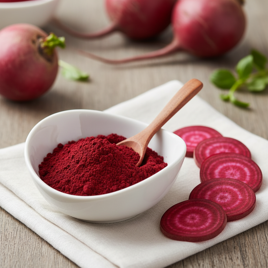 Organic beetroot red color powder in white bowl with beetroot