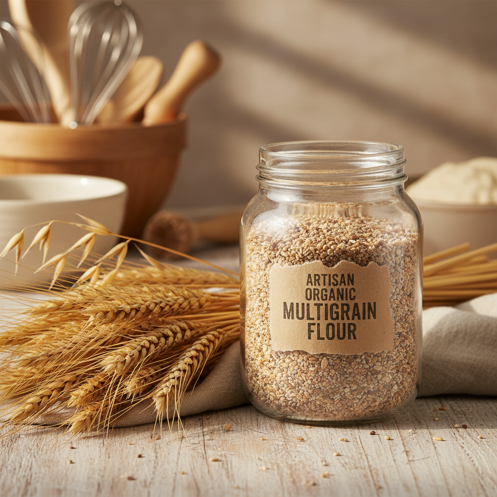 Organic multigrain flour in glass jar with wheat stalks