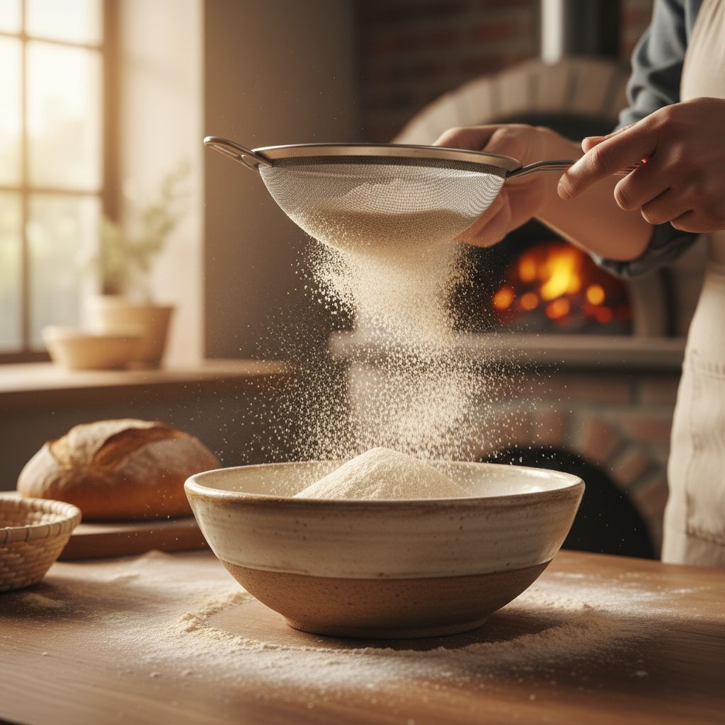 Whole wheat flour being sifted into ceramic bowl