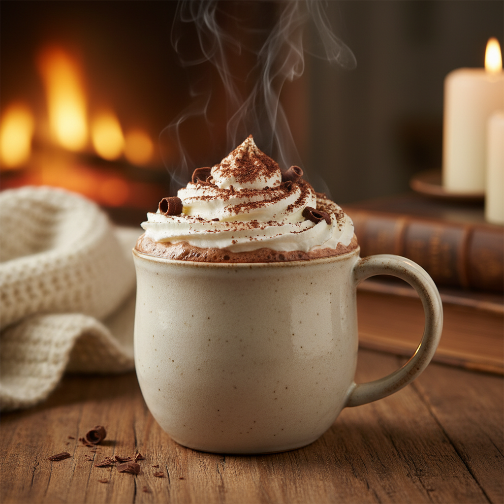 Steaming hot chocolate mug