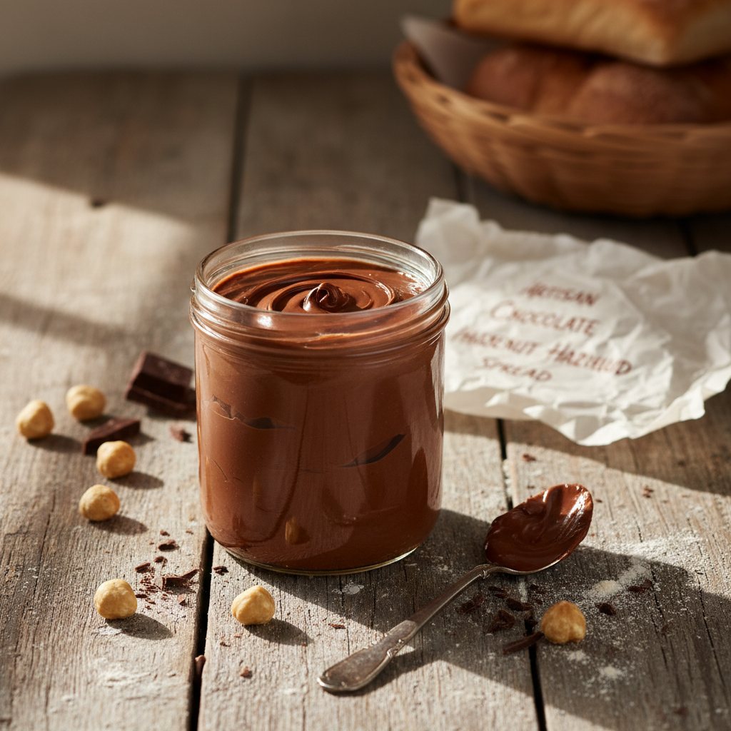 Chocolate hazelnut filling in glass jar