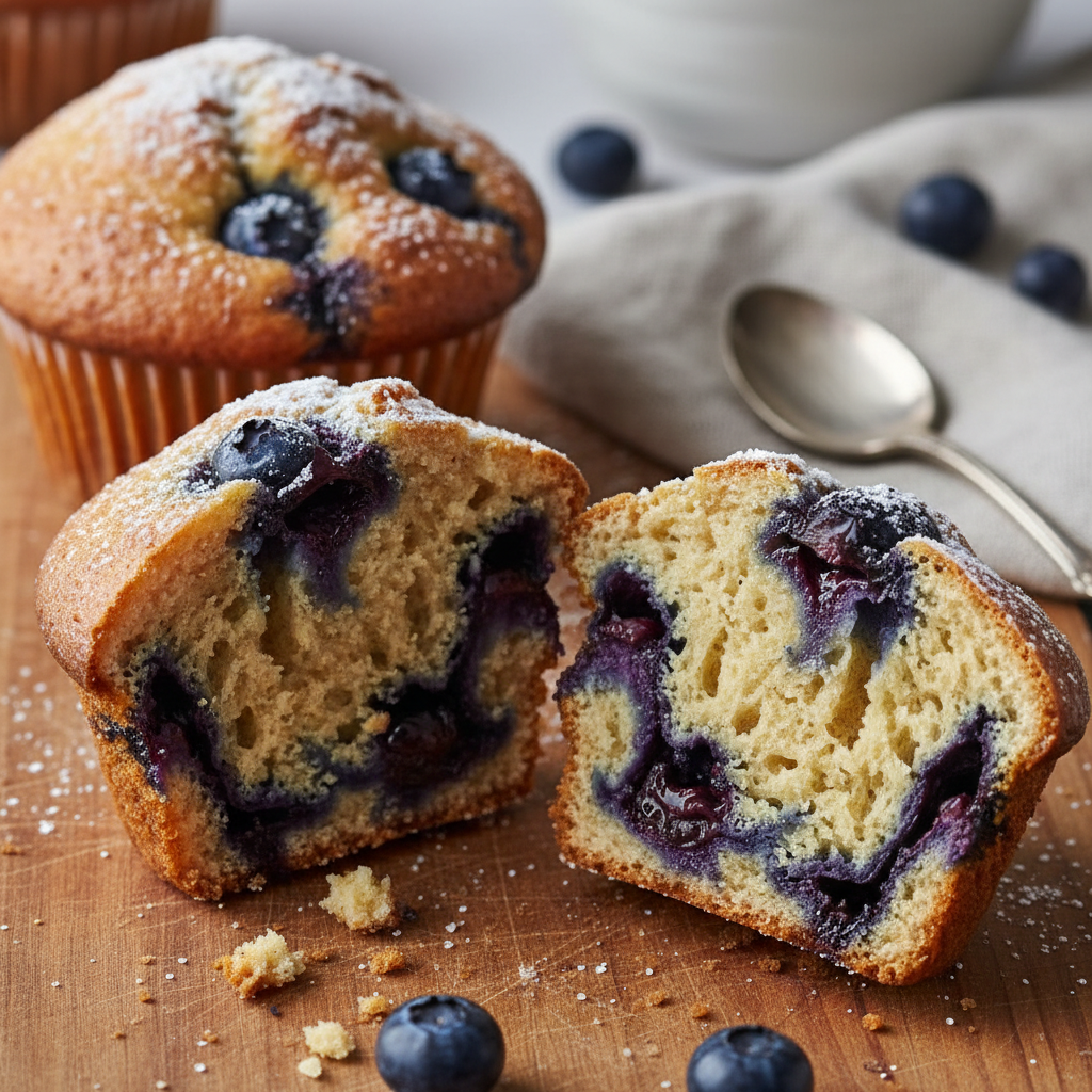 Blueberry muffin split open showing juicy blueberries inside