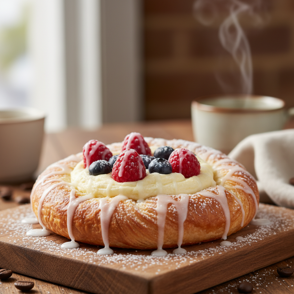 Danish pastry close-up with cream cheese and berry filling