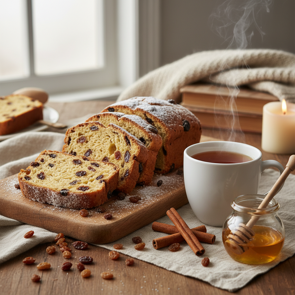 Raisin bread lifestyle shot with tea and cinnamon